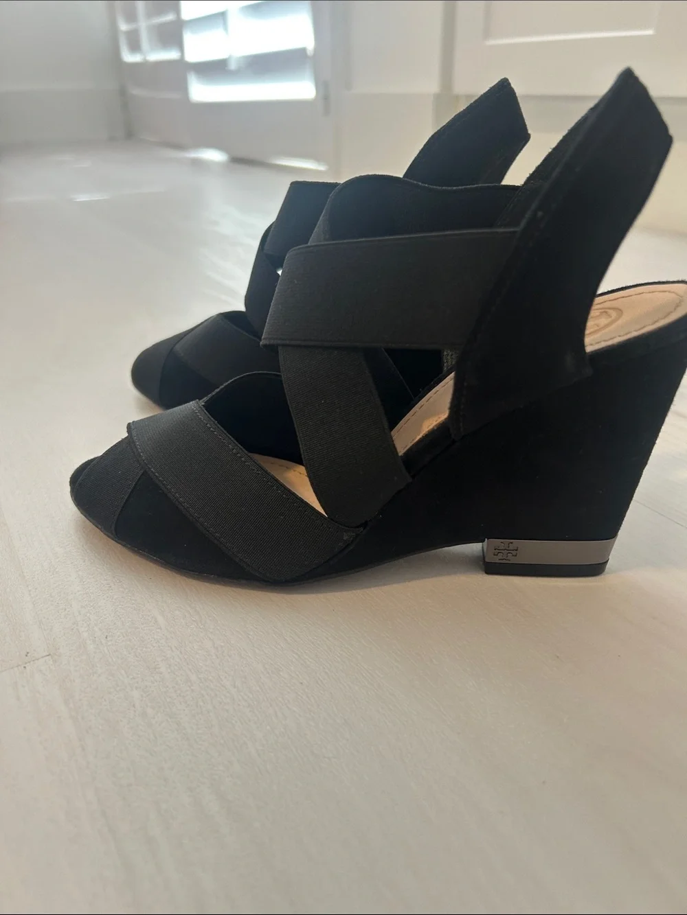 Tory Burch Black Crisscross Elastic Slingback Wedges